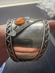 Vintage Indian Bohemian Cuff Bracelet with Natural Gemstones. Silver Tone
