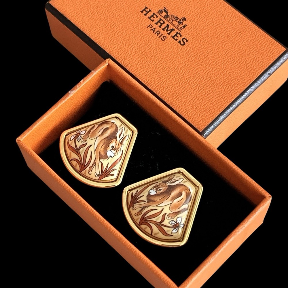 Hermes VTG Rabbit Motif Enamel Clip₋On Earrings Glod/Beige Cloisonne w/Box Used