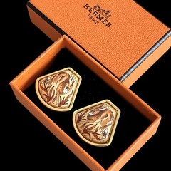 Hermes VTG Rabbit Motif Enamel Clip₋On Earrings Glod/Beige Cloisonne w/Box Used