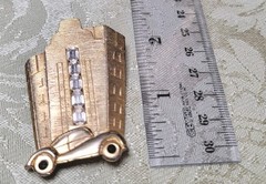 Art Deco Vintage M. Jent Signed Gold Tone And Rhinestone Skyscraper & Car Broach