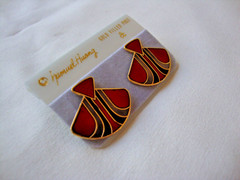 VINTAGE SAMUEL HUANG DESIGNER CLOISONNE RETRO MOD FAN RED BLACK SILVER EARRINGS
