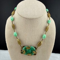 Vintage Polished Stone Dragon Necklace Gold Tone Asian 17”