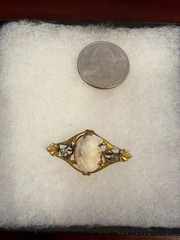 #61 – Antique Cameo Portrait Brooch – Gold-Tone Filigree – Victorian Style