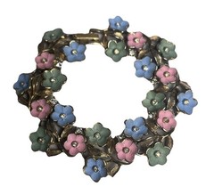 Vintage Floral Flowers Bracelet Gold Tone Enamel Rhinestone Fold Over Clasp 6.5″
