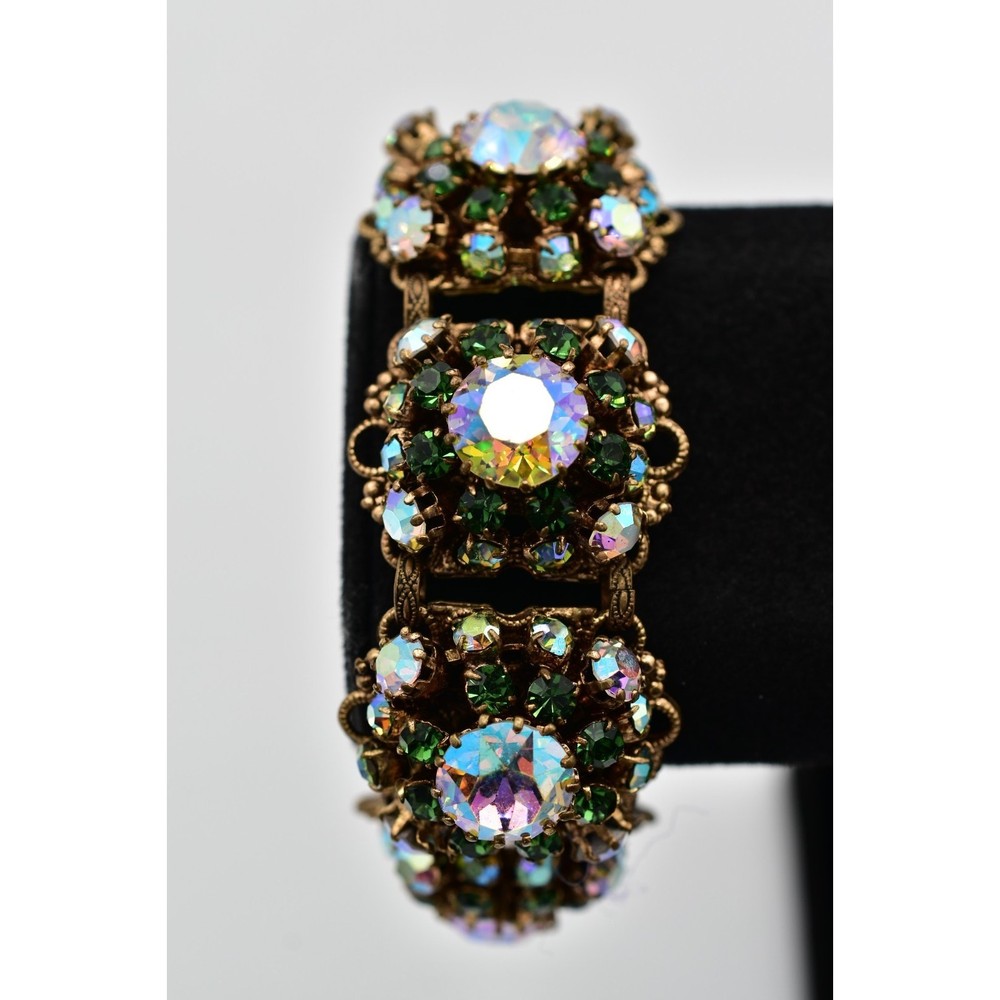 Vintage Aurora Borealis Crystal Bracelet Green AB Antiqued Gold Shiny 1950s Bin2