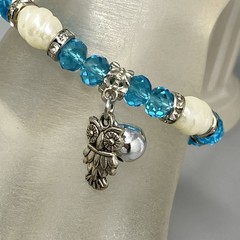 Blue Glass Beaded Bracelet Acrylic White Spacers Owl Bell Charm Stretch Elastic