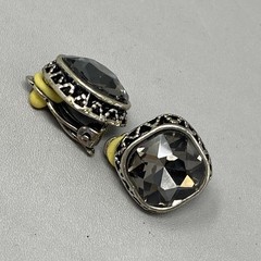 Smoky Gray Glass Rhinestone Stud Earrings Clip On Silver Tone Geometric Edge .75