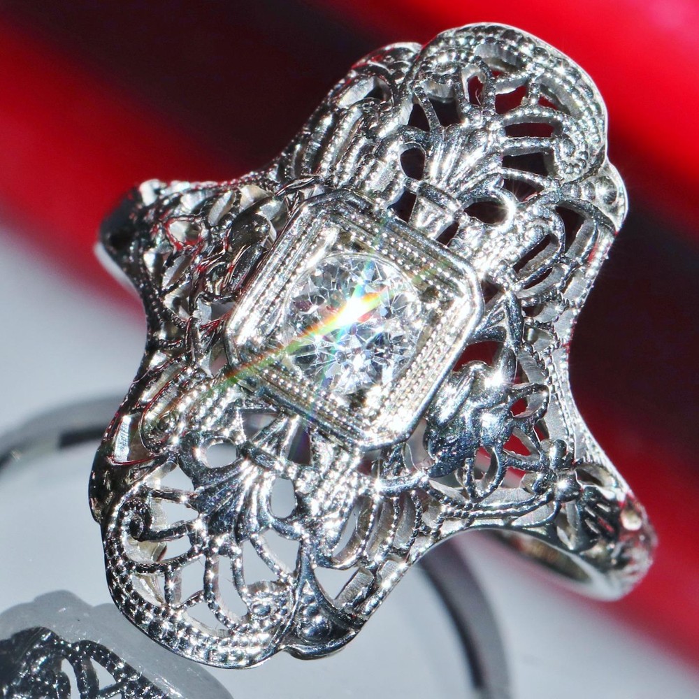 18k white gold ring 0.25ct diamond sz 4 handmade 1920’s antique 2.7g N2737C