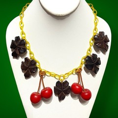 Vintage Carved Wood Leaf & Cherry Necklace with Apple Juice Celluloid Chain