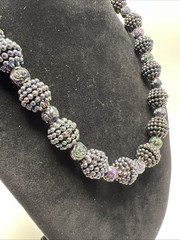 VTG Kramer Iridescent Black Bead Necklace Signed Peacock Aurora Adjustable 16”