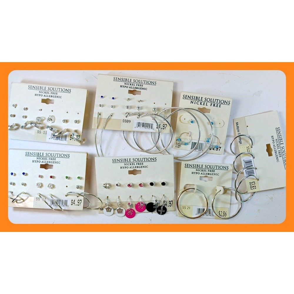 Sensible Solutions Vintage Y2K Deadstock Earring Lot Silver Hoops Studs 7 Cards