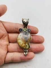 Vintage Sterling Silver 925 Peridot Smoky Topaz Gemstone Ammonite Fossil Pendant