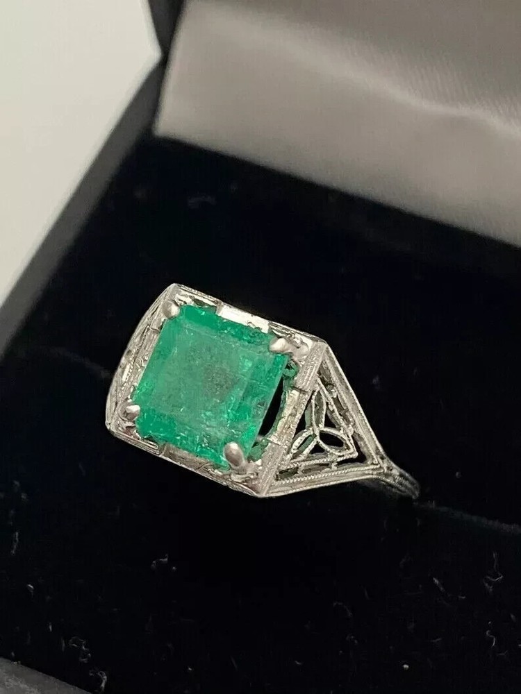 2.50Ct Art Deco Vintage Princess Lab Created Emerald 925 Silver Engagement Ring