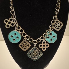 Vintage Silver Tone Metal Turquoise Geometric Charm Pendant Necklace Statement