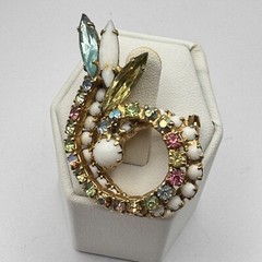 Milk Glass Aurora Borealis Multicolored Rhinestones Swirl Brooch Pin Goldtone