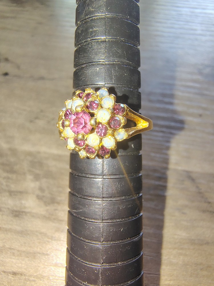 Vintage 18K GE Simulated Opal & Amethyst Floral Cluster Ring Size 8 Gold Tone