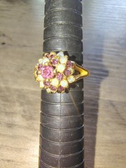 Vintage 18K GE Simulated Opal & Amethyst Floral Cluster Ring Size 8 Gold Tone
