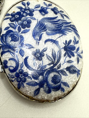Vintage Guilloche Locket Blue White Enamel Bird of Paradise Floral 24″