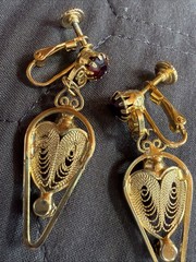 Vintage Hobe Clip Screw Earrings Openwork Filigree Faux Pearl Red Garnets Dangle