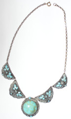 Antique Czech (?) blue enamel faux turquoise filigree necklace, 15 in, as found