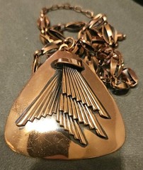 Vintage MCM DESIGNER Modernist COPPER Link Chain necklace pendant ABSTRACT JHook