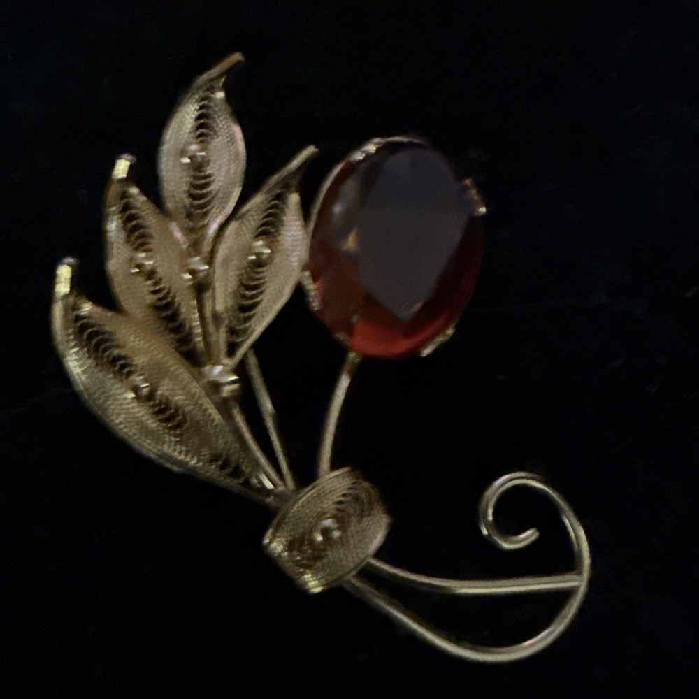 Sorrento Leaf Gold Gem Brooch Pin 1/20 12KGF 2 inch Signed Vintage Jewelry