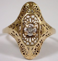 ESTATE Antique Art Deco SOLID 10k Yellow Gold Filigree Diamond Ring Sz 10