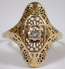 ESTATE Antique Art Deco SOLID 10k Yellow Gold Filigree Diamond Ring Sz 10
