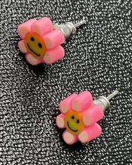 Vintage Smiley Face Pink Polymer Clay Flower Stud Earrings