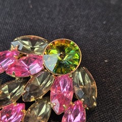 Pink, Smoky Gray, Aurora Borealis Rhinestones Unsigned Pin Brooch