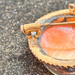 CAMEO brooch antique pink white trombone clasp brass frame heavy verdigris