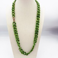 Vtg Marbled Celluloid Link Necklace Faux Green Jade Fancy Clasp