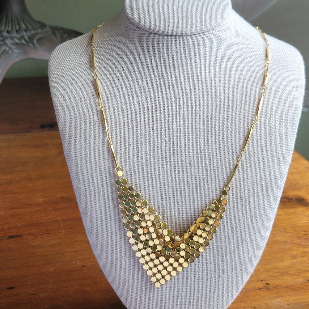 Vintage Gold Mesh Bib Necklace w Dainty Chain 1970s Disco Style