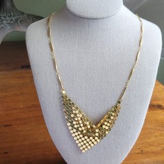 Vintage Gold Mesh Bib Necklace w Dainty Chain 1970s Disco Style