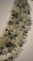 Vintage Tourmalinated Prehnite Nugget Necklace W/Bicone Beads, Freshwater Pearls