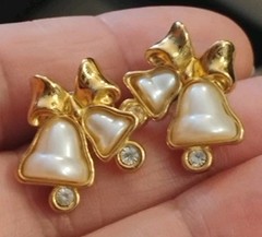Vintage AVON Golden Bells w/Rhinestones, Bow, and Faux Pearly .75″ Earrings!