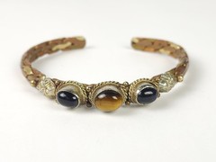 Vintage Braided Mixed Metals Bangle Bracelet Blue Goldstone Tiger Eye Stone Cuff