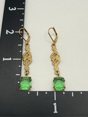 Vintage‎ Rhinestone Drop Earrings Pierced Gold Tone Green Stone 2”