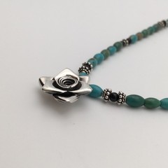 925 Sterling Silver Natural Turquoise & Black Onyx Flower Necklace 20” #42