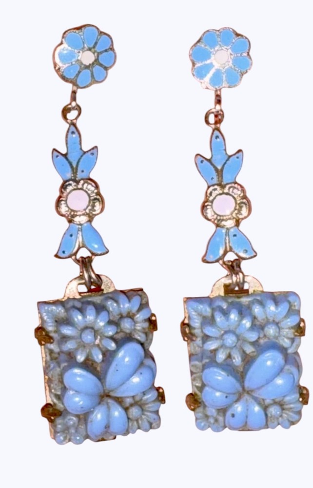 Art Deco Enamel Sky Blue Enamel Celluloid Daisies Clover Czech Vtg Drop Earrings