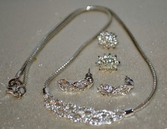 Vintage Signed Roman Necklace & Earrings – Silver Tone Diamond Look – Beautiful!