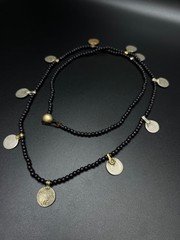 Vintage Black Beaded Coin Necklace, Tribal Boho Necklace, Ethnic Coin Charm