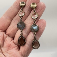 Dangle Gemstone Earrings Gold Over 925 Labradorite Smoky & Clear Quartz 2in Drop