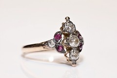 Antique Circa 1900s 8k Gold Natural Old Cut Diamond And Ruby Navette Ring