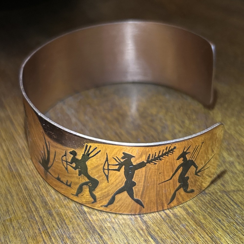 Vintage Copper Cuff Bracelet With African Hunters And Animals One Size Fits All