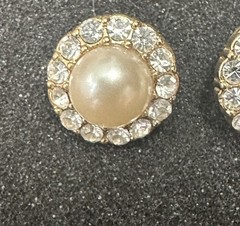 Vintage Gold Tone White Imitation Pearl Round Rhinestone Halo Stud Earrings
