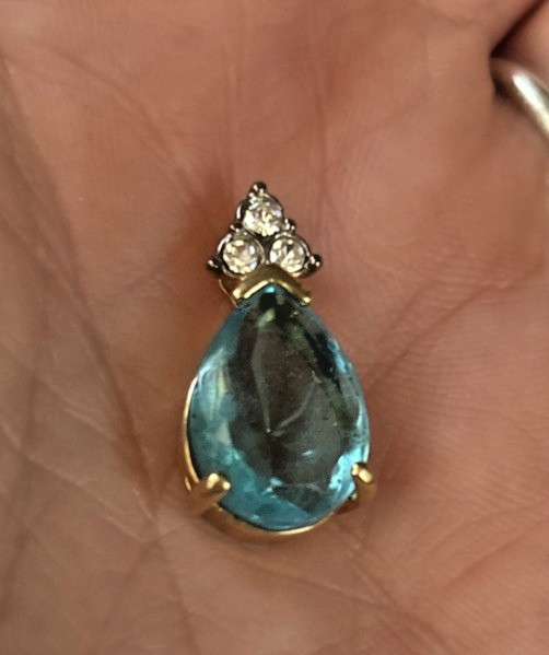 VTG Gold Pear Shape Blue Topaz Pendant With Clear Rhinestones Open Back Gold