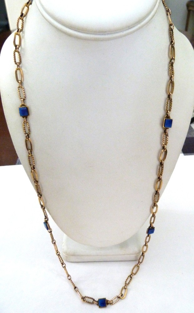 VINTAGE MURAT FRANCE 12K GOLD FILLED LAPIS GEMSTONE STATIONS LINK NECKLACE ~ 28″
