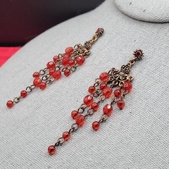 Ornate Red and Copper Chandelier Post Dangle Shoulder Duster Earrings 2.5″