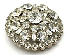 Vintage Large Clear Rhinestone Brooch Pin Domed Round Clear Crystal Silver Tone